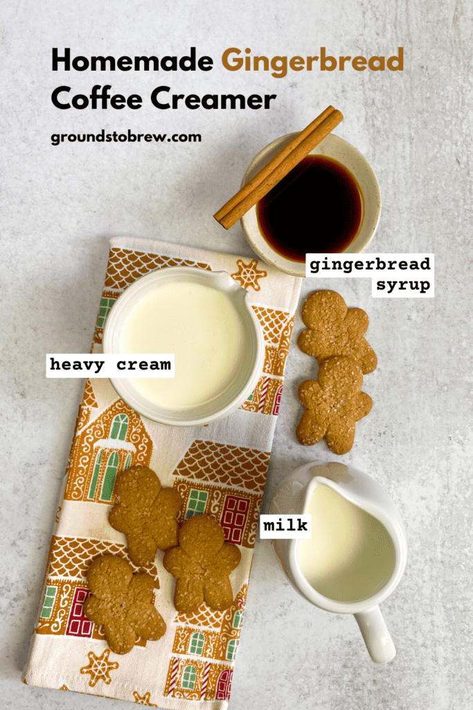 Overhead picture of the ingredients needed for this recipe, including bowl of homemade gingerbread syrup, cream and milk.