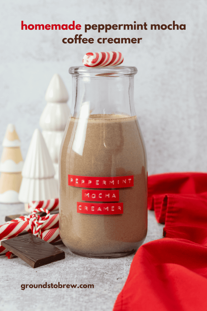 Pinterest pin for homemade peppermint mocha coffee creamer recipe.