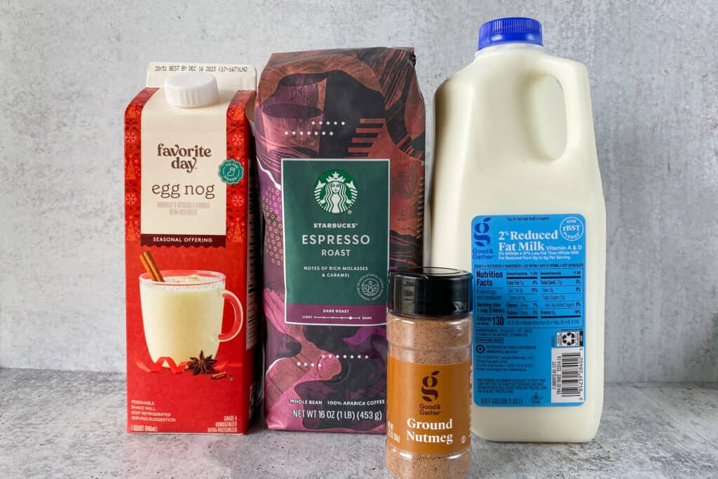 The four ingredients needed to make a copycat Starbucks Eggnog Latte.