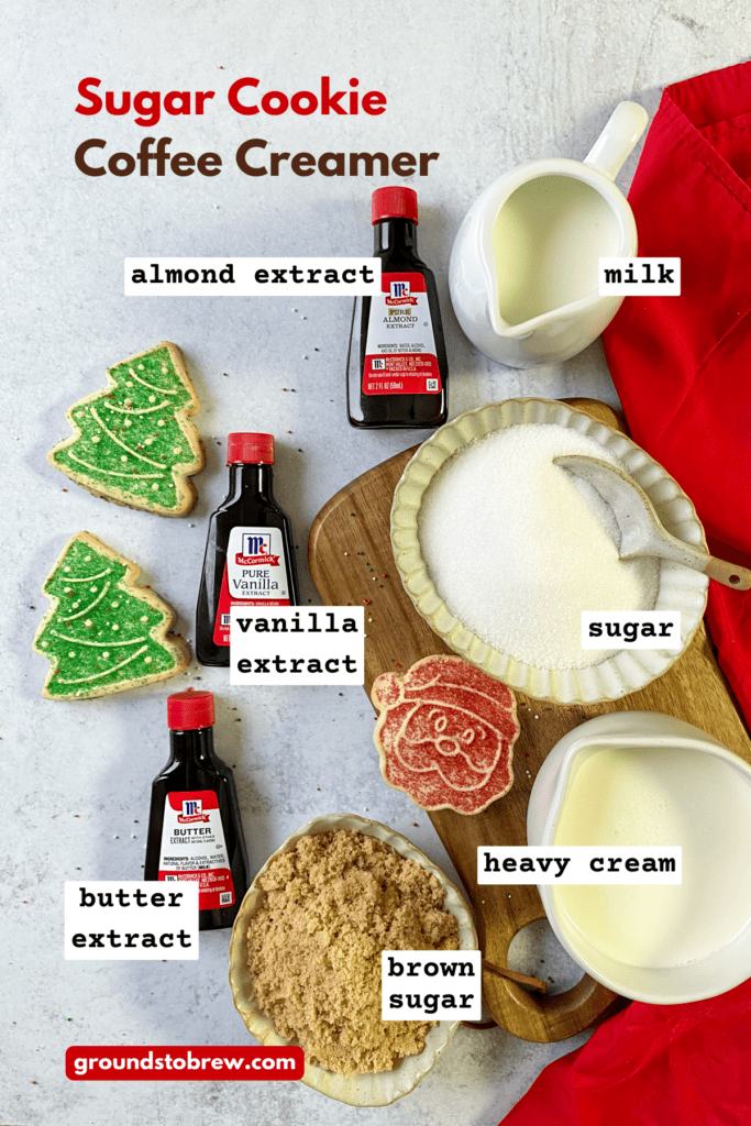 Overhead picture of ingredients needed to make sugar cookie creamer at home, along with some Christmas sugar cookies.